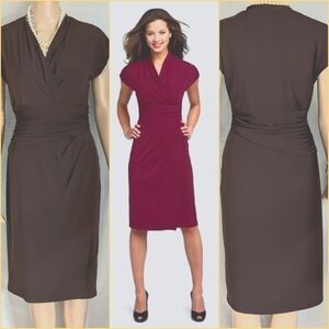 Suzi Chin Maggie Boutique brown ruched faux wrap v neck career dress sz 6